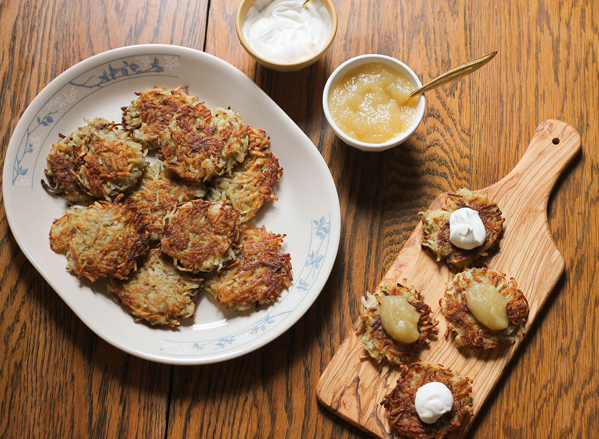 Latkes on a table ready to be eaten.