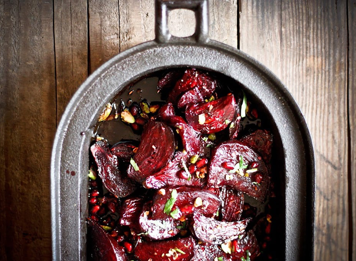 moroccan roasted beets sliced in baking dish