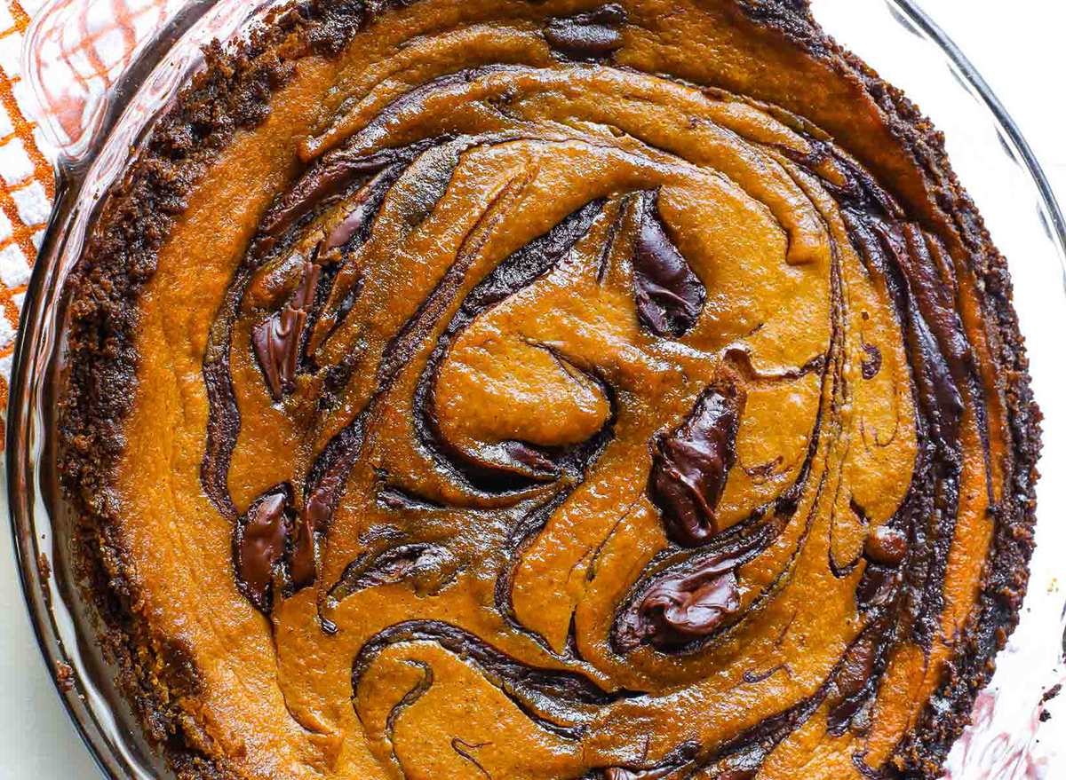 nutella swirl pumpkin pie in baking dish