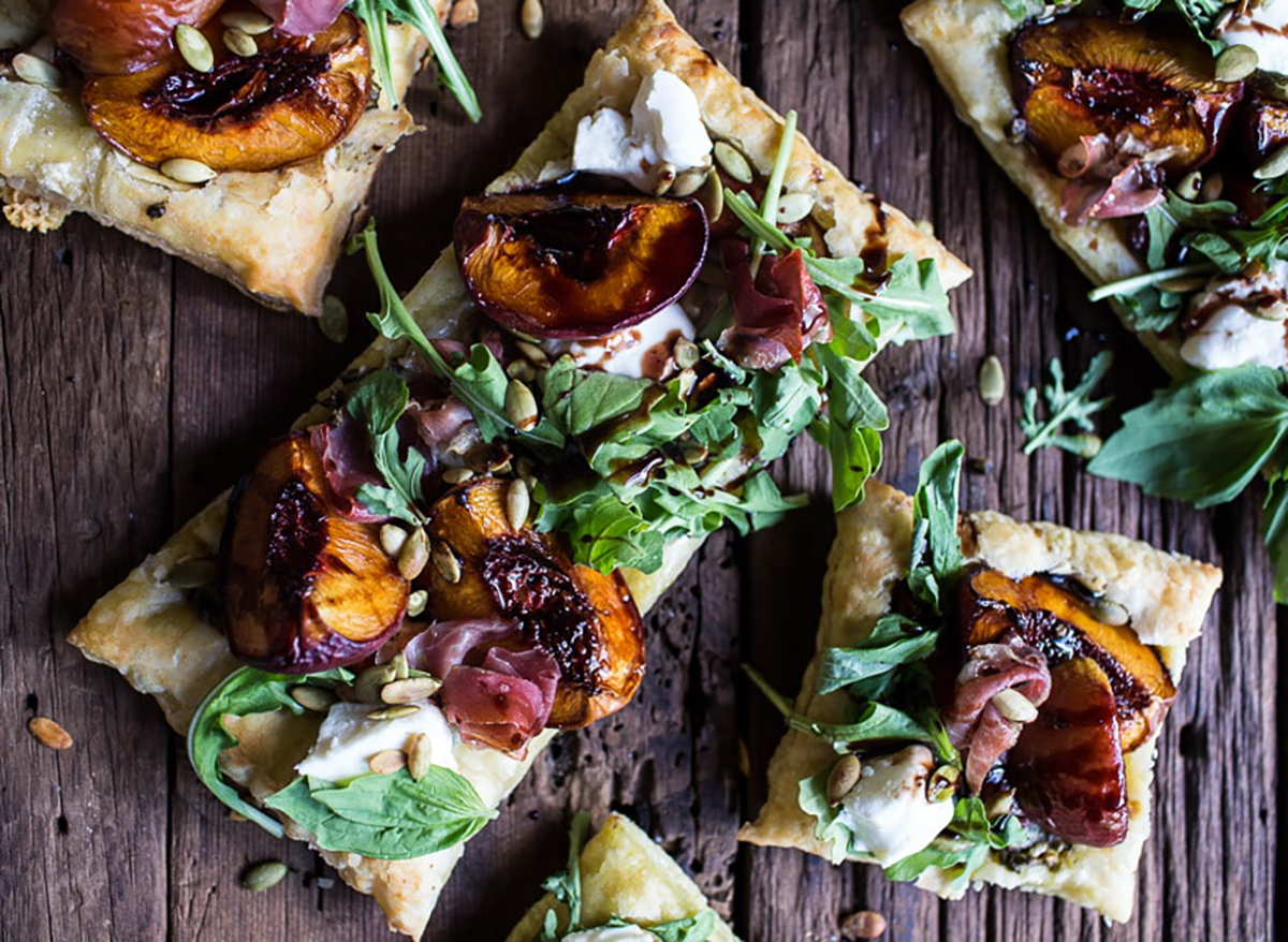 peach basil chicken and prosciutto tarts