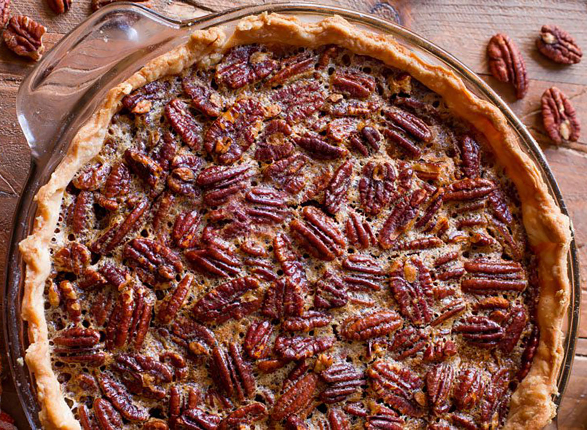 whole pecan pie in baking dish