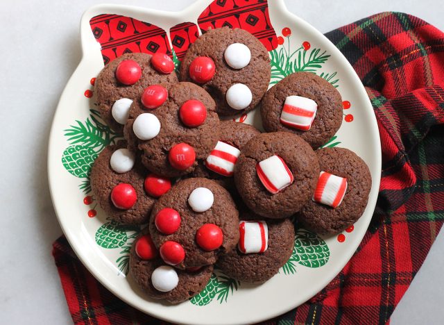 peppermint chocolate cookies on a holiday plate