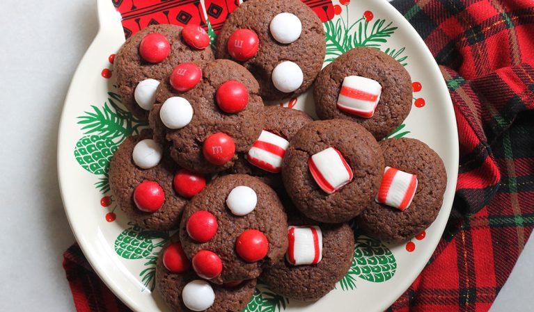 peppermint chocolate cookies on a holiday plate