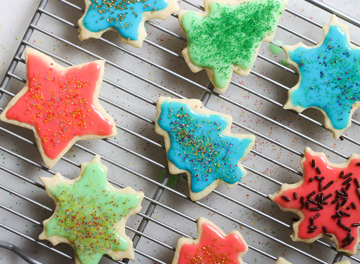 finished sugar cookies on a cooling rack