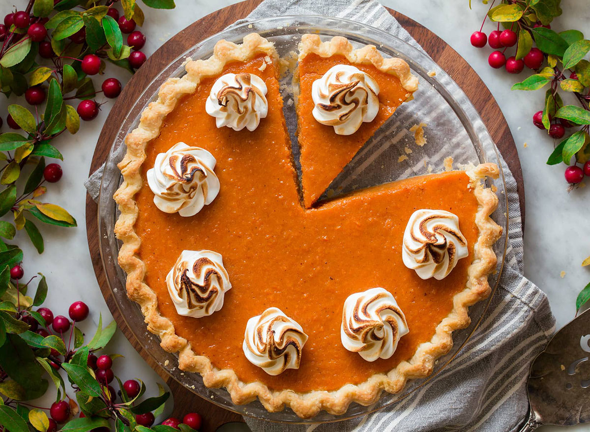 whole sweet potato pie with toasted marshmallow topping