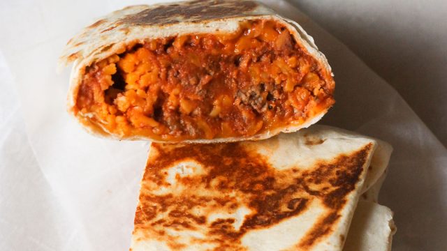 Looking inside a copycat Taco Bell chili cheese burrito
