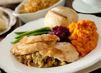Traditional Thanksgiving dinner served on white oval plate