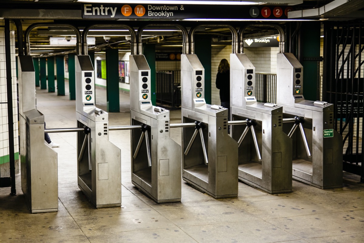 Turnstiles (baffle gates) in a New-York subway station.