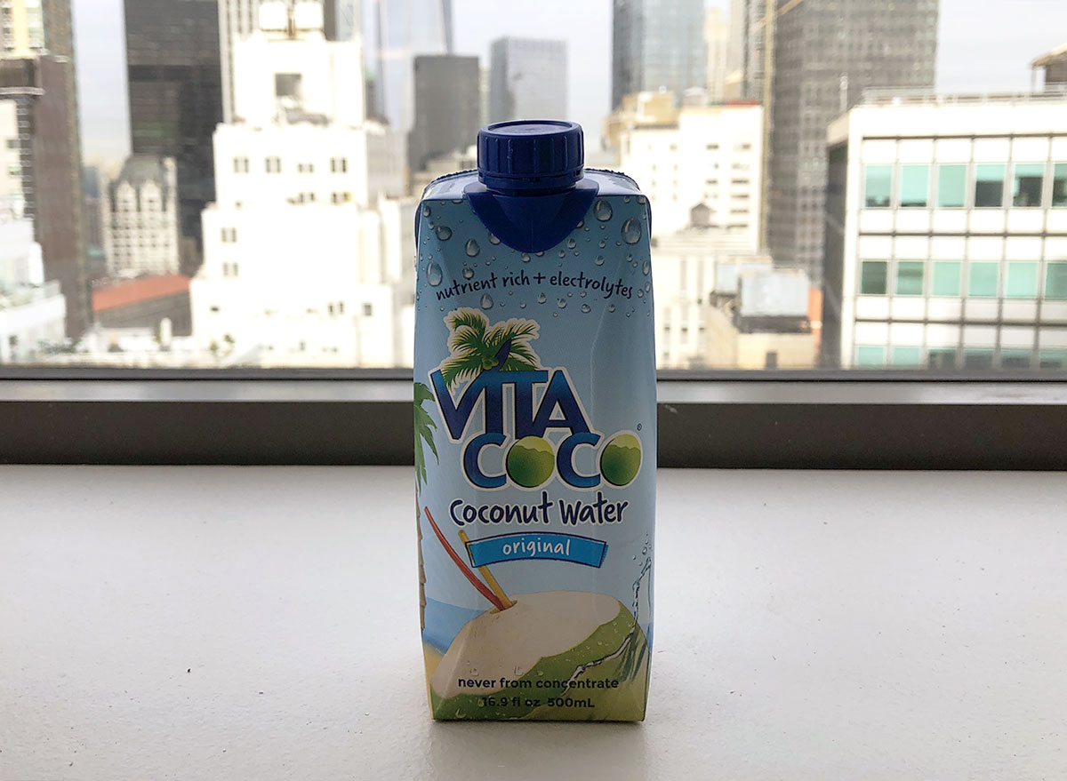 vita coco coconut water bottle on window sill