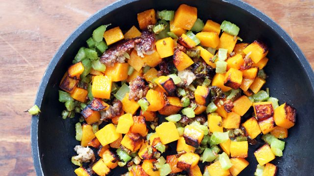 bowl of butternut squash hash with celery