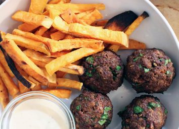 Whole30 Spicy Meatballs with sweet potato fries