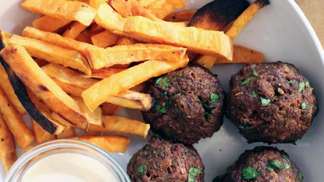 Whole30 Spicy Meatballs with sweet potato fries