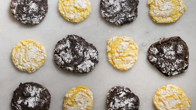 finished chocolate and lemon cake cookies on a marble counter