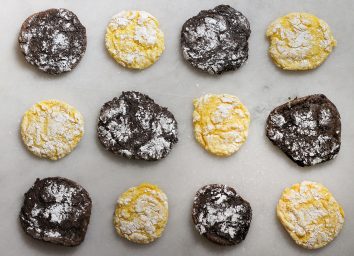 finished chocolate and lemon cake cookies on a marble counter