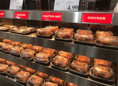 rows of costco rotisserie chicken