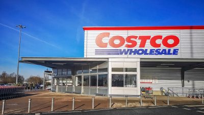 a costco storefront on a cold bluebird winter day