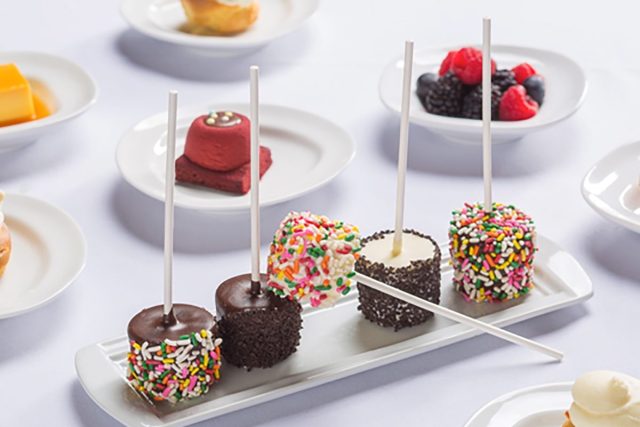 marshmallow pops and fruit dessert from the buffet at excalibur in las vegas