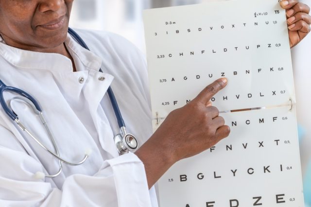 ophthalmologist checking eyesight, showing letters on chart, focused vision