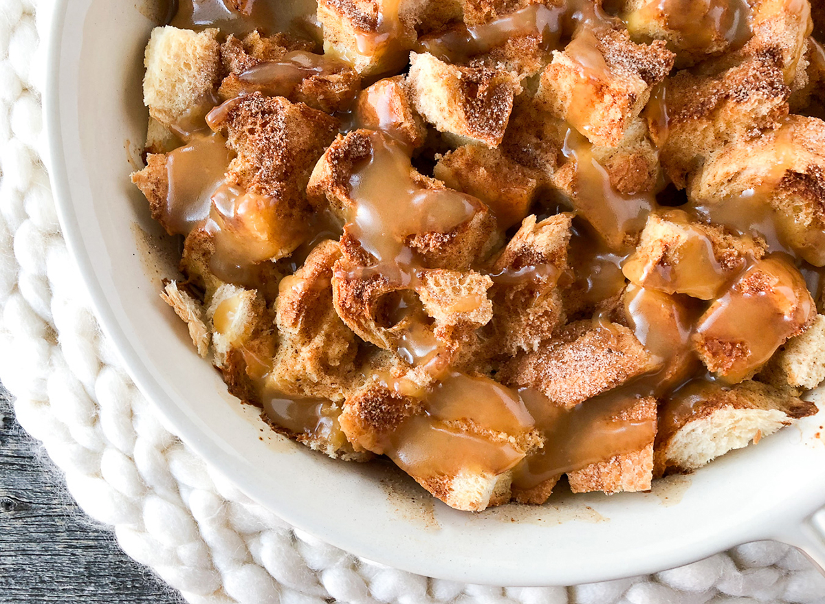 eggnog french toast bake in white bowl