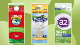 healthiest dairy milk brands collage on designed green background