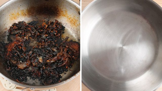 comparing a burnt pot and a clean pot after cleaning it