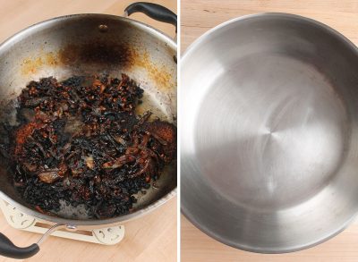comparing a burnt pot and a clean pot after cleaning it