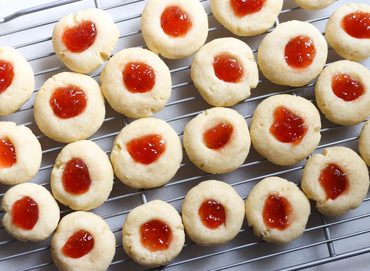 jelly thumbprint cookies on a cooling rack