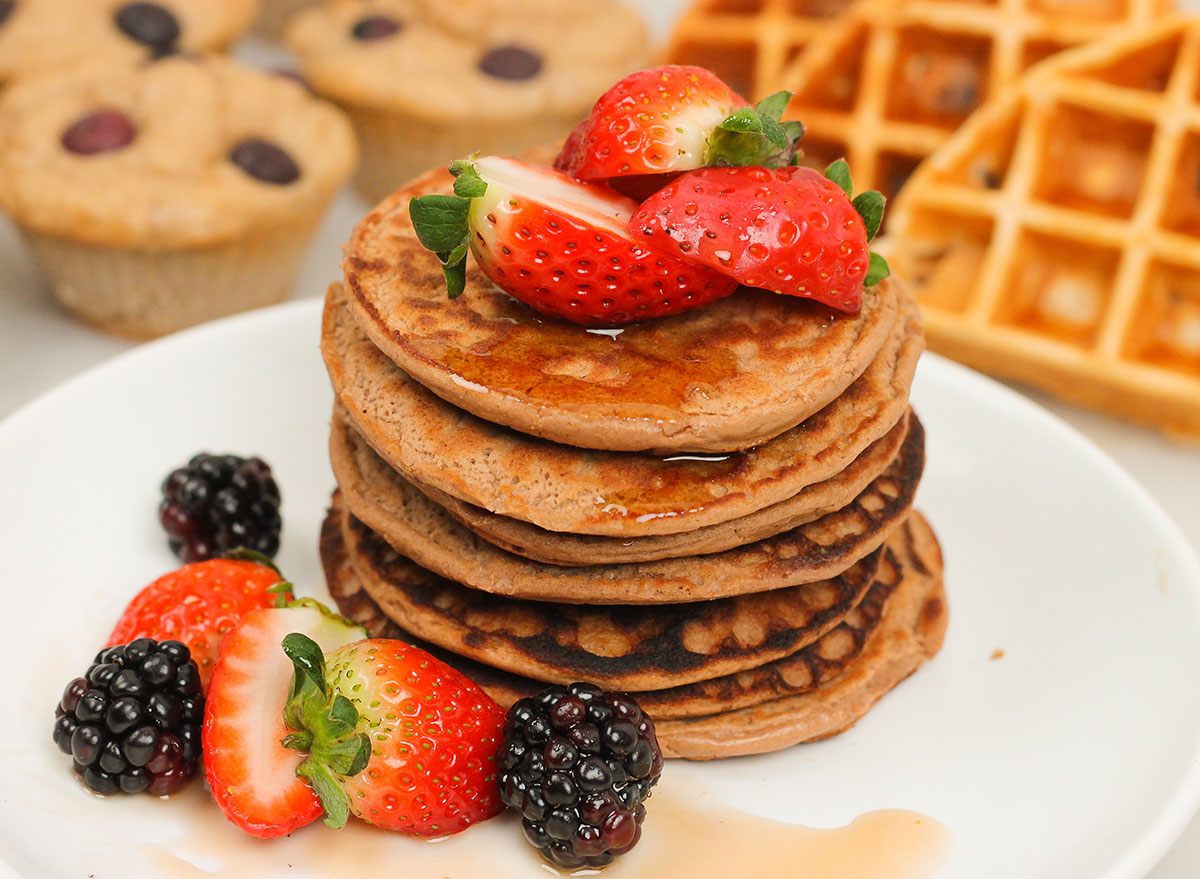 pile of protein pancakes with waffles and muffins