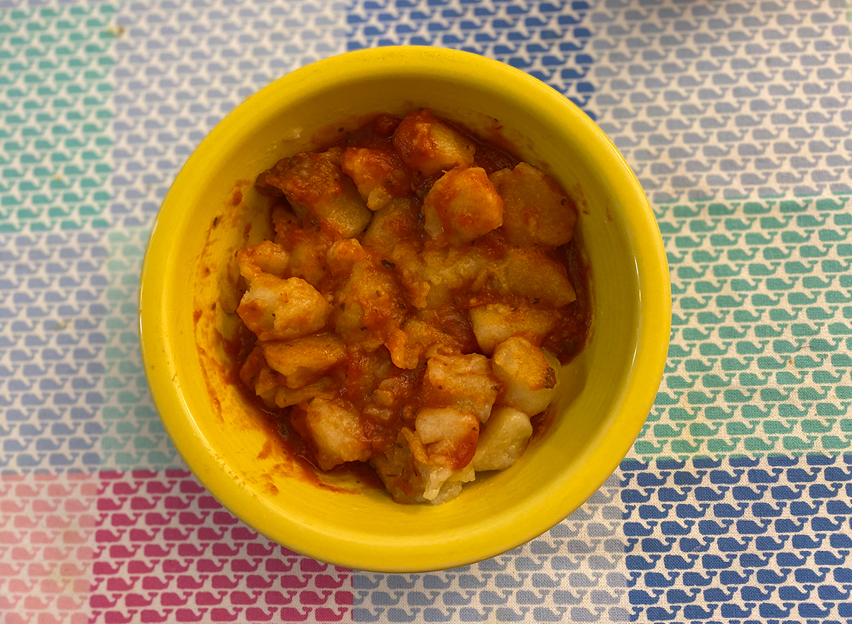 trader joes cauliflower gnocchi cooked with sauce in bowl