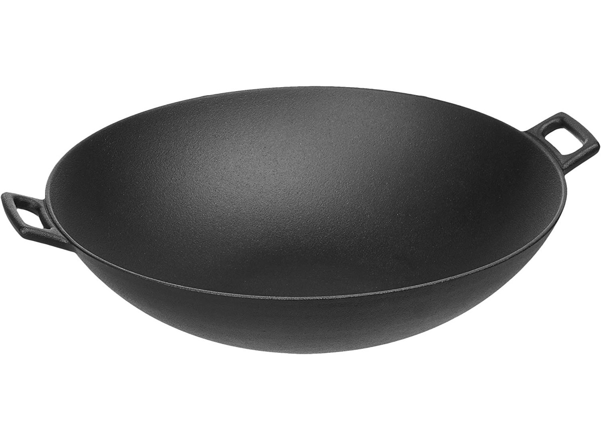 Victoria Wok-314 Smooth Balanced Base Cast Iron Work With Wide Handles, Large , Black