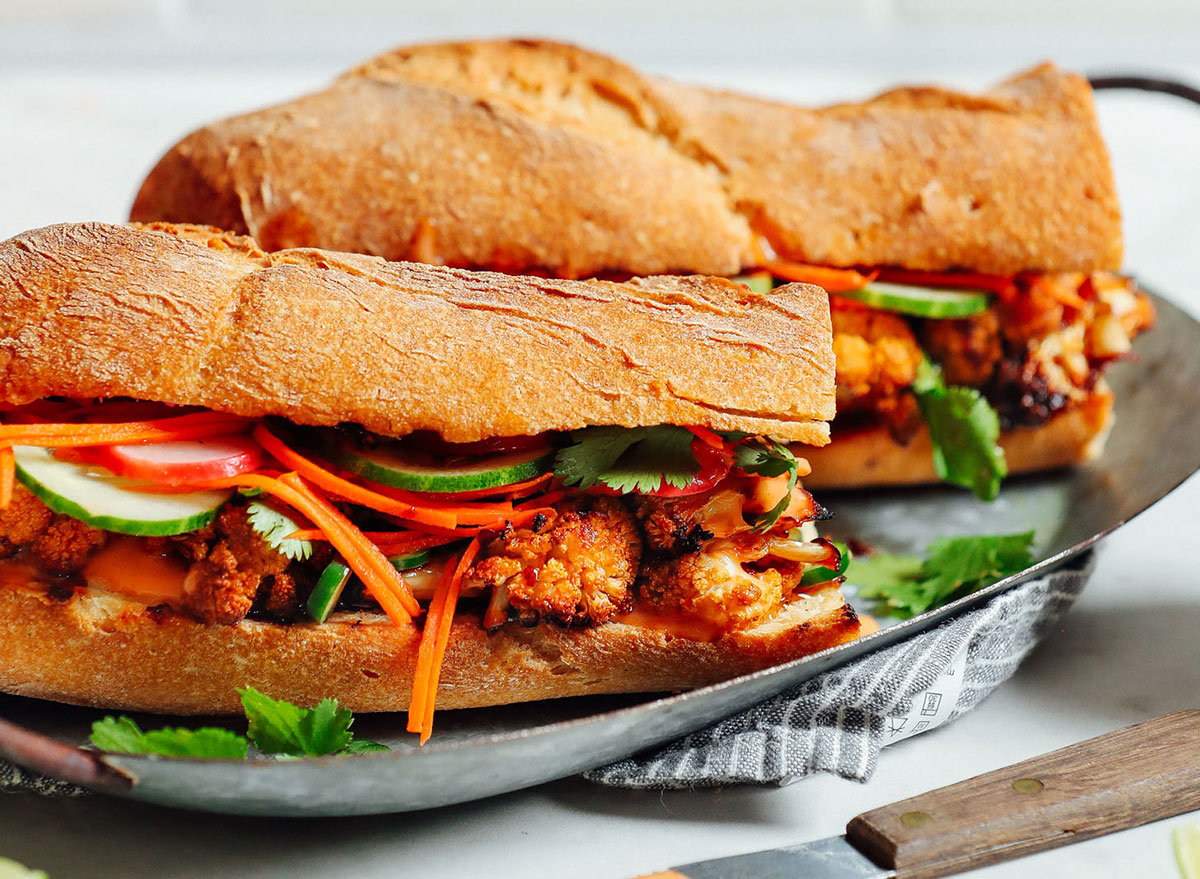 cauliflower banh mi sandwich on platter