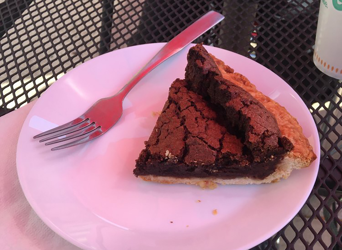 chocolate chess pie slice on white plate