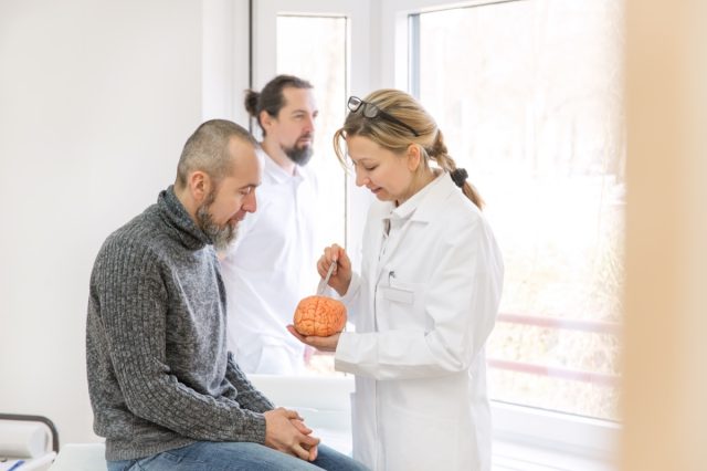 Neurologist shows a male patient something on an artificial brain
