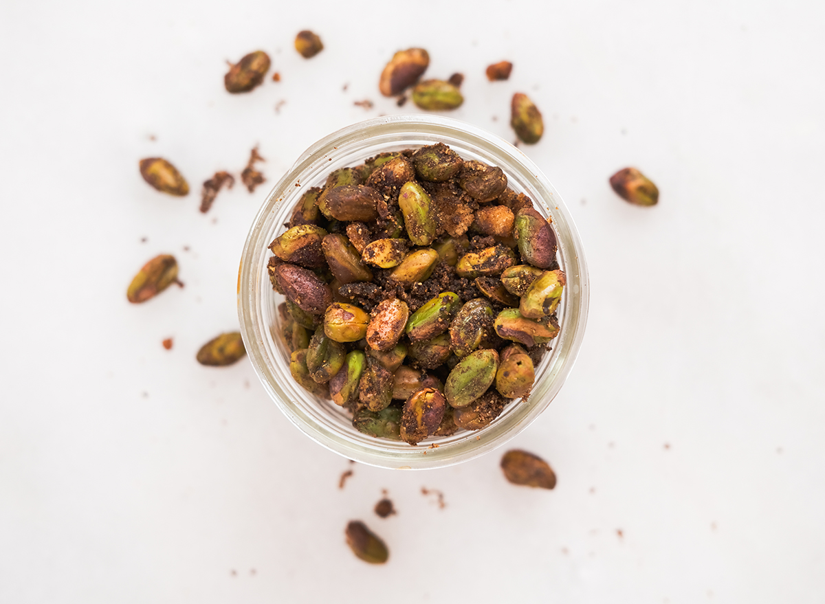 double roasted bbq flavored pistachios in a jar