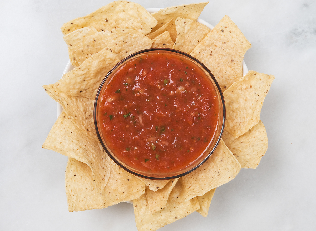 finished salsa with chips on a plate