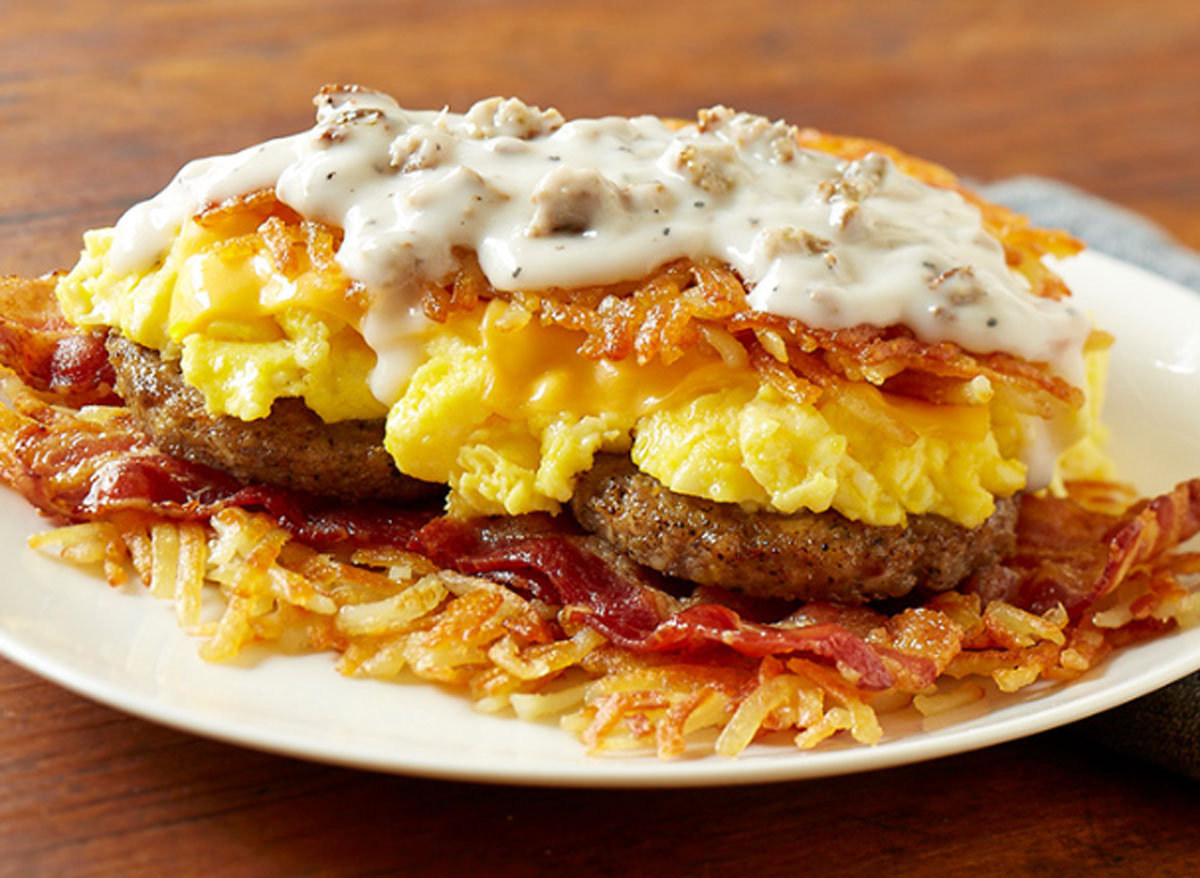 huddle house bacon, sausage, and gravy hashbrowns