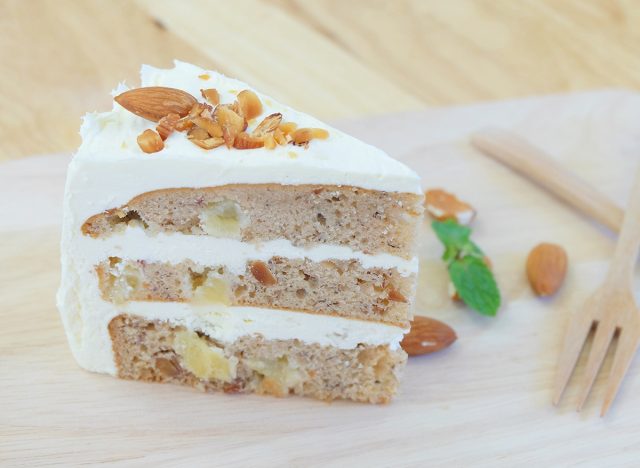 slice of hummingbird cake with cream cheese frosting