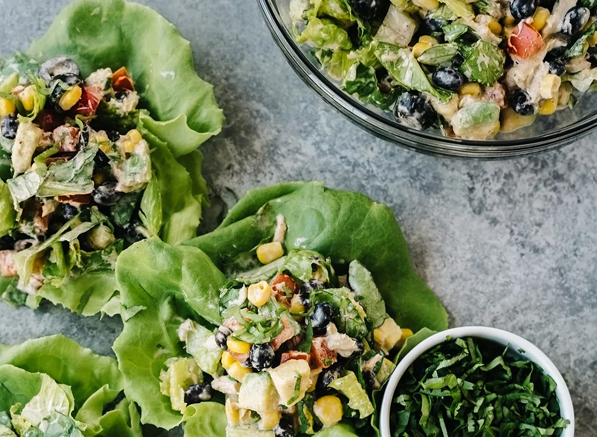 mexican chopped canned tuna salad on lettuce leaves 