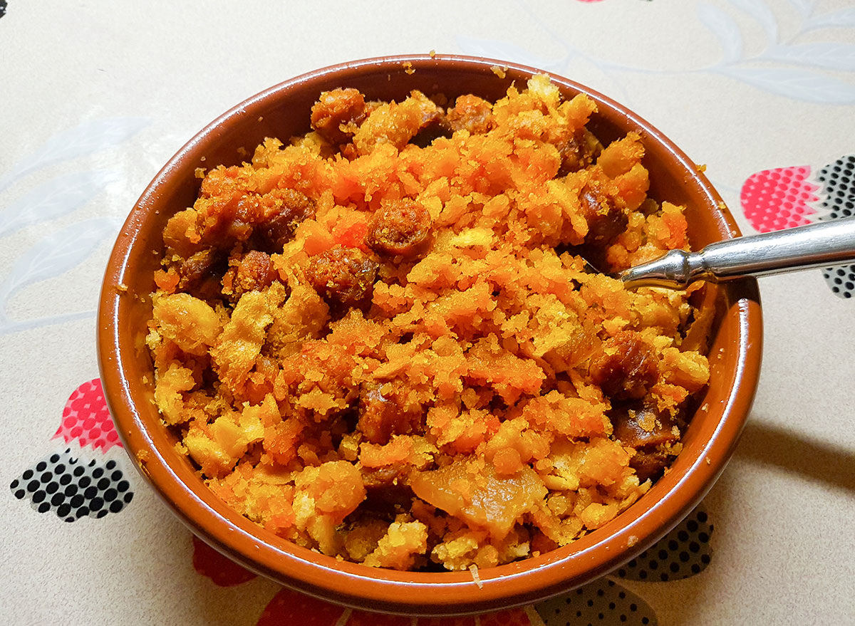 bowl of migas with chorizo