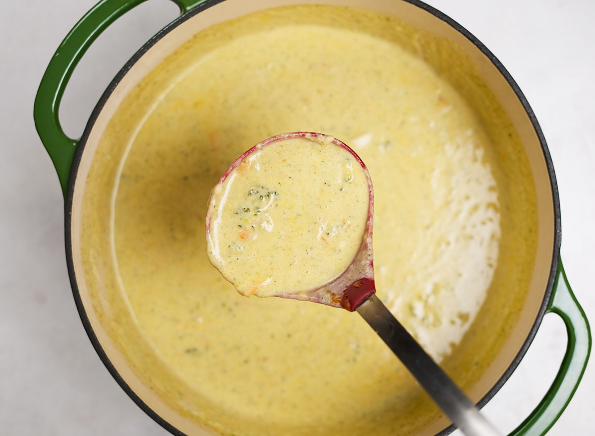 pot of copycat panera broccoli cheddar soup