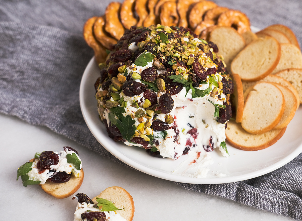 bagel chips with pistachio cranberry cheese spread