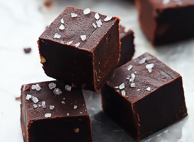 chocolate fudge cubes topped with flaky sea salt
