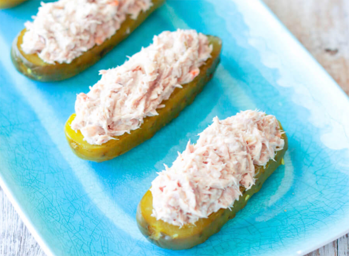 smoky pickle boats stuffed with canned tuna