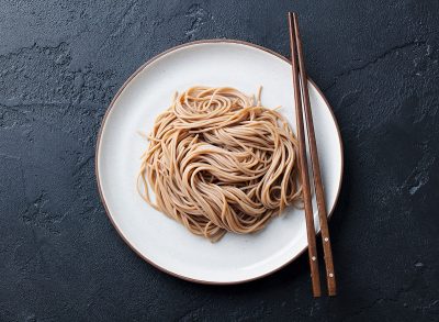 soba noodles on white plate