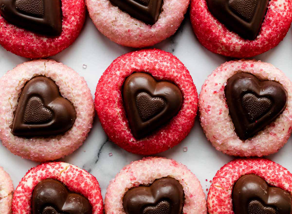 pink sugar cookies with chocolate hearts