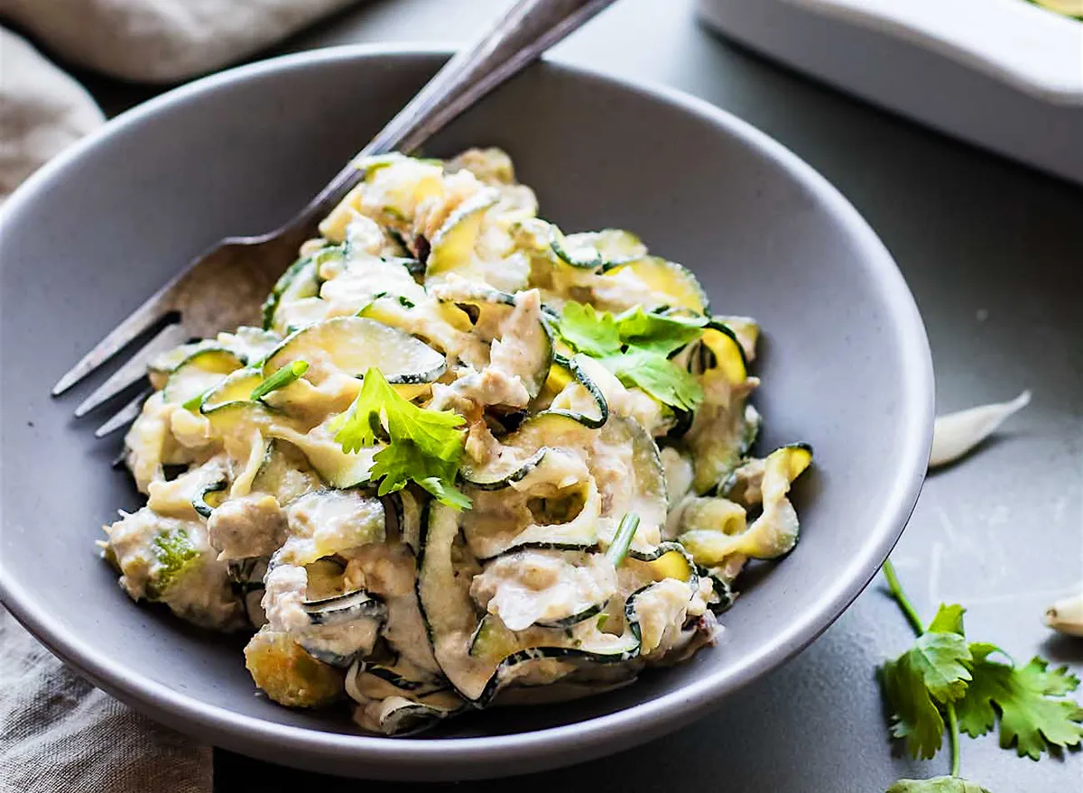 canned tuna green chile zoodle casserole in grey bowl