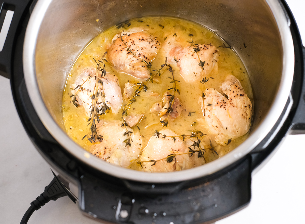 side view of lemon chicken inside an Instant Pot