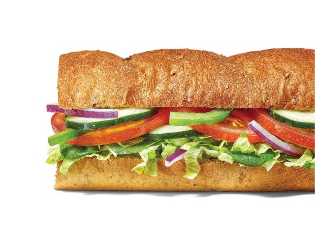 6-inch veggie sandwich from Subway on a white background