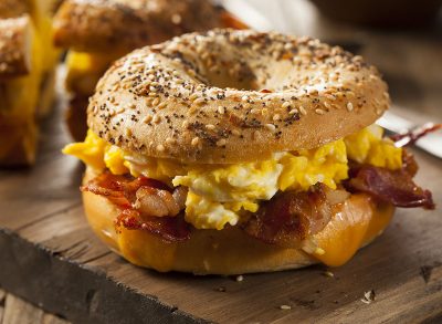 Bacon, egg, and cheese bagel sandwich