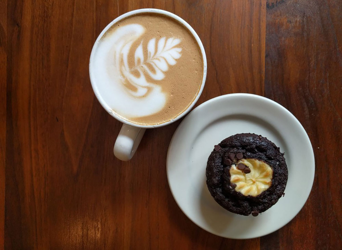 latte and chocolate muffin from boiler room coffee in minneapolis